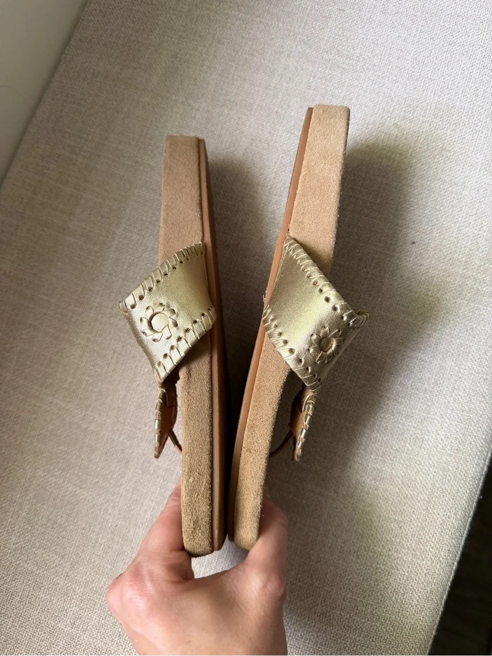Jack Rogers Metallic Champagne Gold Thong Sandals with Medallion Detail
